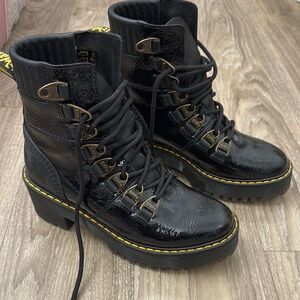 Dr. Martens Black Combat Boots with Thick Sole and Yellow Stitching